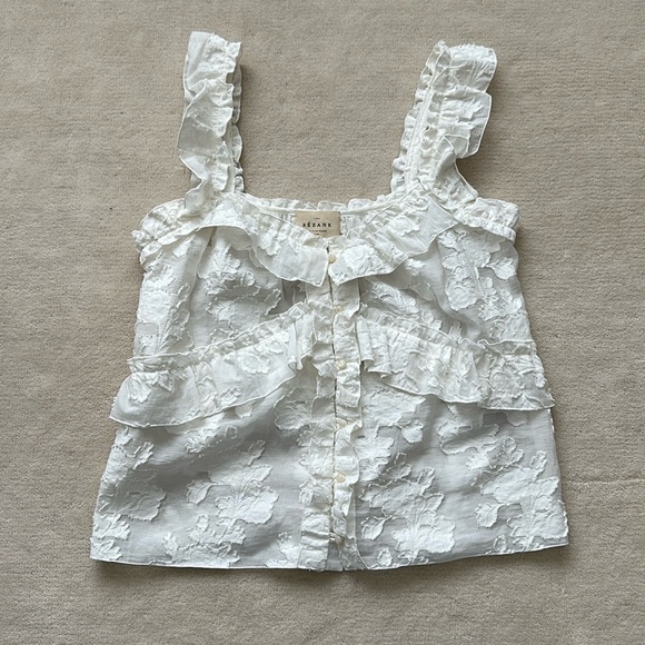 Sézane Alban White Floral Jacquard Top 34 or 2 - Picture 2 of 4